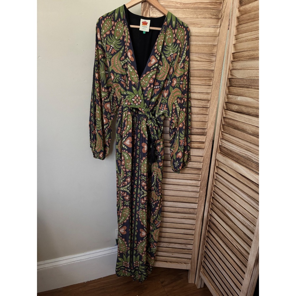 Farm Rio Boho Green Paisley Floral Wrap Long Sleeve Tassel Jumpsuit L Botanical